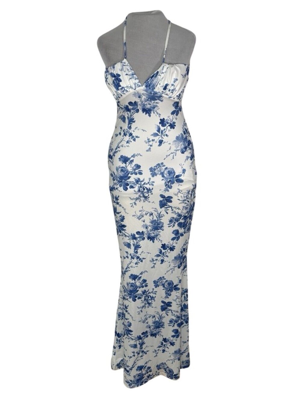Parthea Women’s Spaghetti Strap Sexy Maxi Dress Bodycon Floral Blue White Size M
